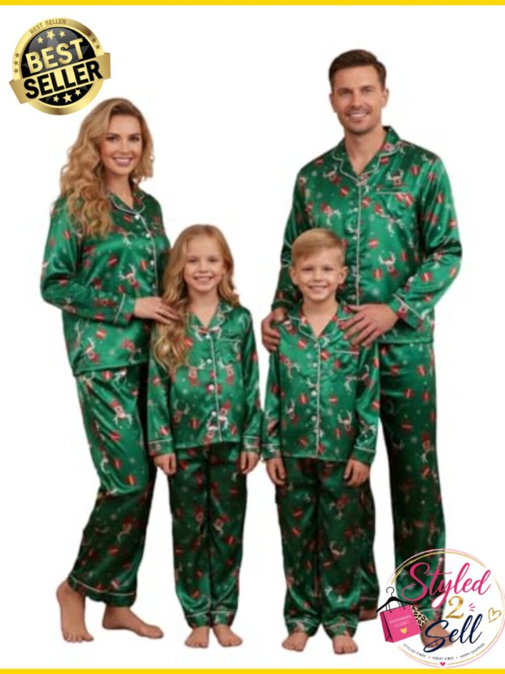 Silk Satin Matching Family Christmas Pajama Set Button Down Long Sleeve
